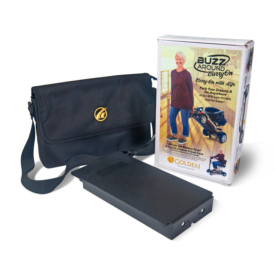 The Golden Technologies GB120 & GB220 Scooter Batteries with Carry Case are displayed: a black shoulder bag, a rectangular black battery pack, and a product box showing a woman with a mobility scooter and the text "Buzzaround Carry On.